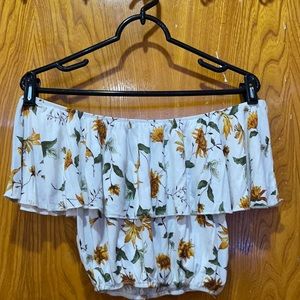 Off theshoulder white,yellow,andgreen floral shirt